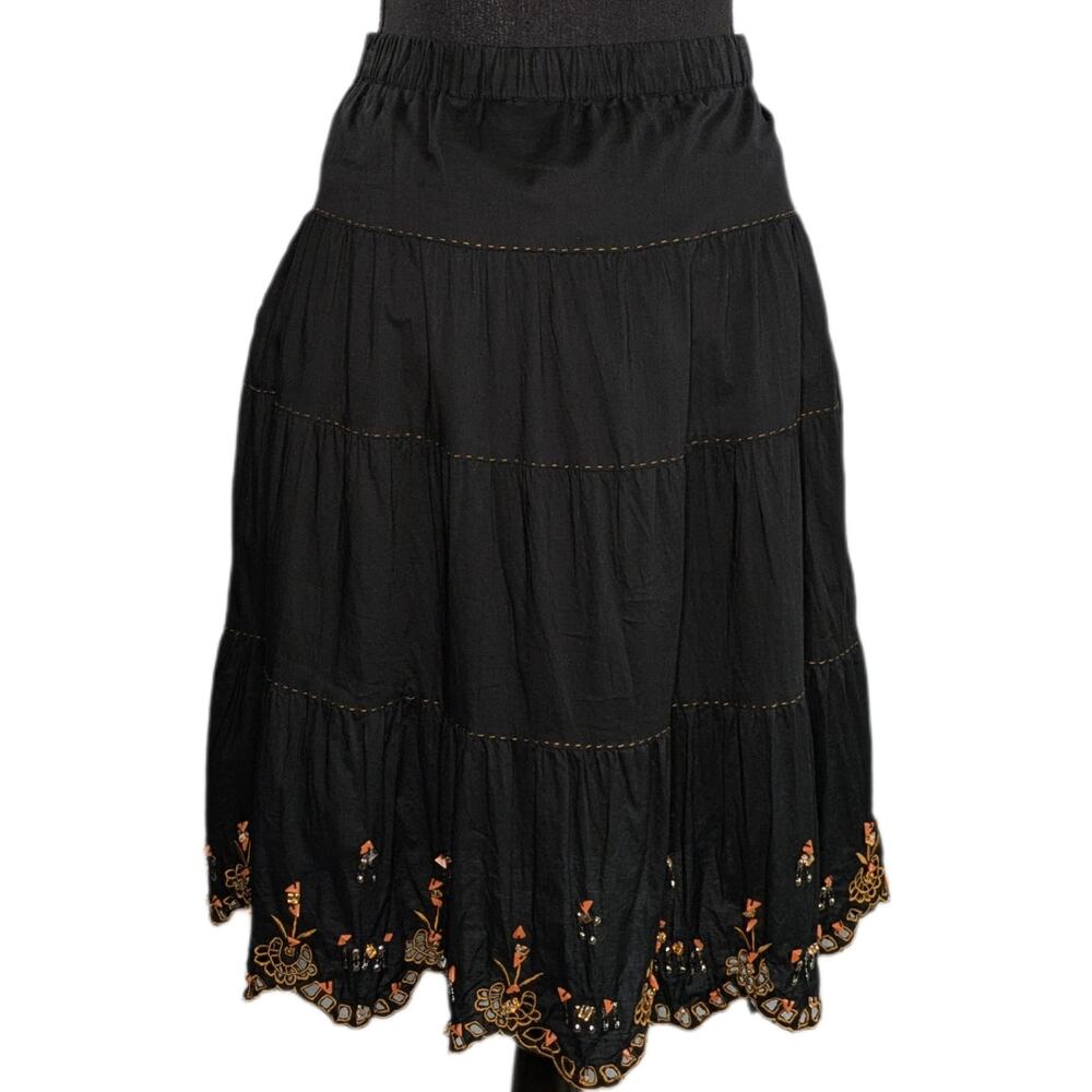 Millenium Skirt M Black Midi Embroidered Beaded Paneled Boho Festival